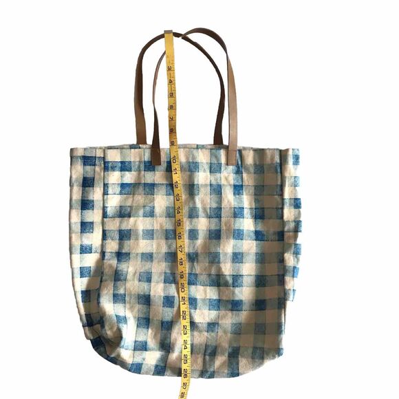 Utility Shoulder Tote Bag Blue & Ivory White Gingham Check Plaid Fabric Canvas - Picture 4 of 5